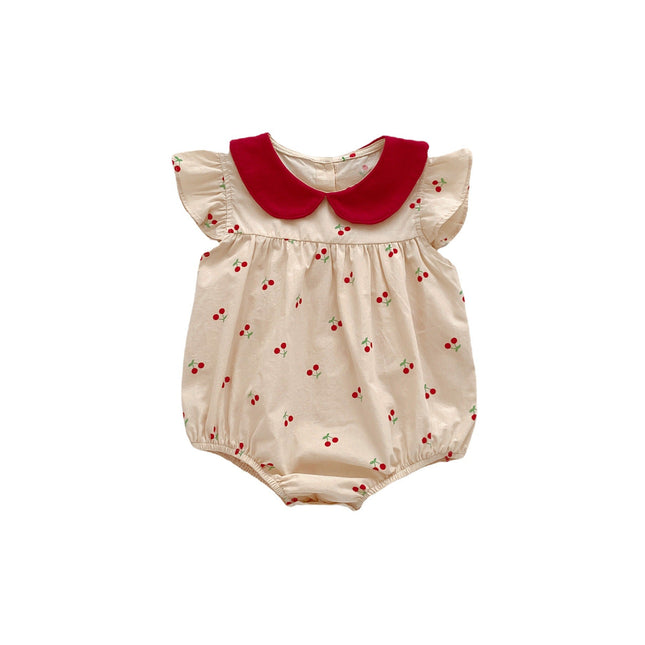 Summer Thin Arrival Baby Girls Cherry Print Fly Sleeves Peter Pan Collar Onesies-3