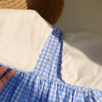 Summer Baby Kids Girls Short Sleeves Crew Neck Duck Pattern Plaid Dress-1