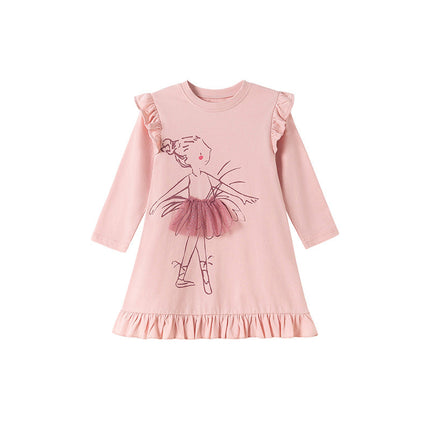 Autumn and Spring Arrival Tulle Decorated Fairy Cartoon Pattern Long Sleeves Dress for Stylish Girls-4