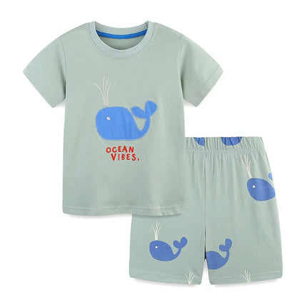 Summer Baby Kids Cartoon Animals Pattern T-shirt and Shorts Color Patchwork Clothing Set for Boys-0