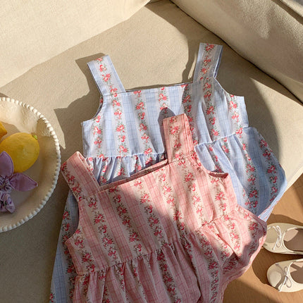 Summer Baby Kids Girls Sleeveless Flowers Pattern Printed Striped Dress-4