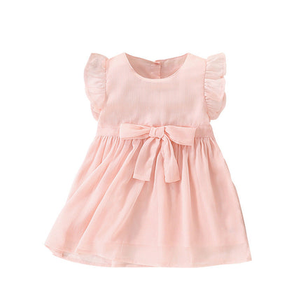 Summer Arrival Girls’ Simple Plain Pink Short Sleeves Bow Tied Dress-0