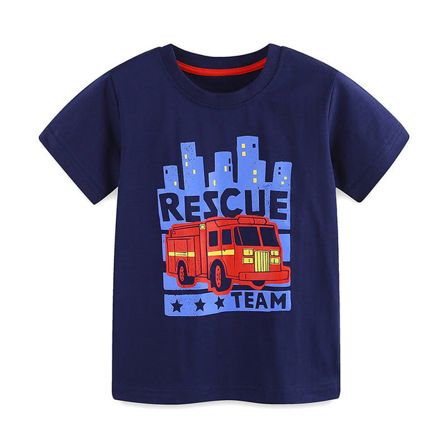 Summer Boys’ Fire Truck Cartoon Pattern T-shirt in European and American Style-0