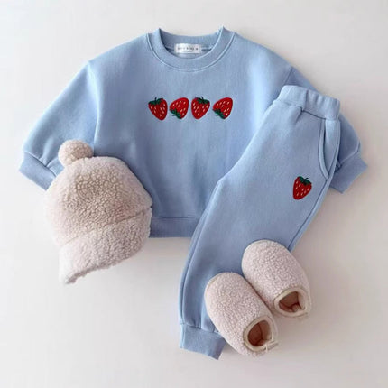 Autumn Baby Kids Unisex Casual Strawberry Embroidered Pattern Long Sleeves Top Pullover and Pants Clothing Set-3