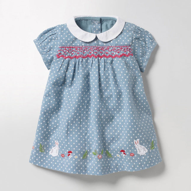 Summer Arrival Girls Short Sleeves Rabbits Cartoon White Dots Peter Pan Collar Dress-0
