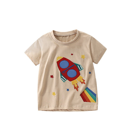 Summer Arrival Boys’ Rocket and Stars Cartoon Pattern T-shirt in European and American Style-0