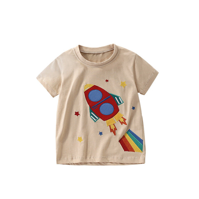Summer Arrival Boysโ Rocket and Stars Cartoon Pattern T-shirt in European and American Style-0