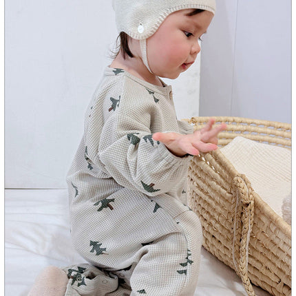 Spring Arrival Baby Unisex Long Sleeves Waffle Grid and Simple Pattern Rompers-2