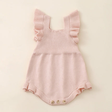 Summer Arrival Baby Girls Solid Color Fly Sleeves Square Neck Knitted Onesies-4