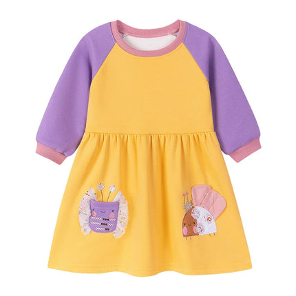 Autumn and Winter Arrival Cartoon Pattern Color Patchwork Long Sleeves Crew Neck Dress for Stylish Girls-3