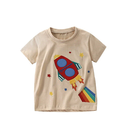 Summer Arrival Boys’ Rocket and Stars Cartoon Pattern T-shirt in European and American Style-4