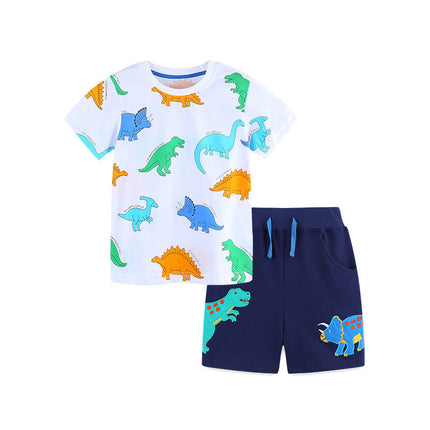 Summer Baby Kids Cartoon Animals Pattern T-shirt and Shorts Color Patchwork Clothing Set for Boys-0