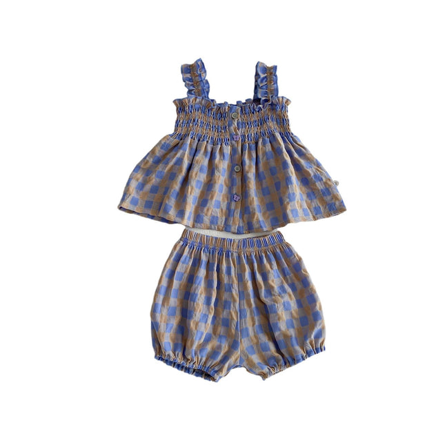 Summer Baby Kids Girls Plaid Strap Dress And Shorts Clothing Set-0