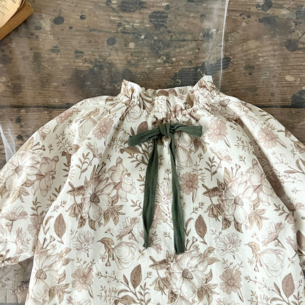 Arrival Autumn Baby Girls Vine Print Bow-Tied Long Sleeves Top And Vintage Strap Overalls Clothing Set-5