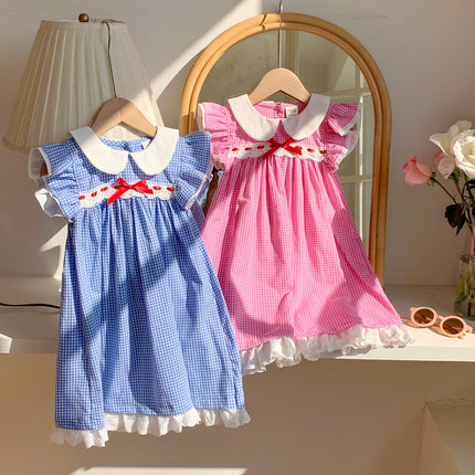 Summer Baby Kids Girls French Fly Sleeves Floral Pattern Embroidered Pattern Plaid Dress-0