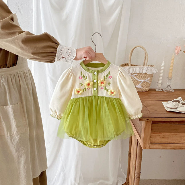 Autumn Arrival Baby Girls Long Sleeves Flowers Pattern Tulle Patchwork Onesies-0