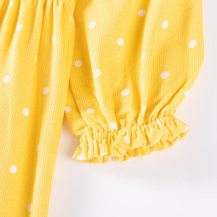 Autumn and Spring Arrival Princess Dots Pattern Long Sleeves Corduroy Dress for Stylish Girls-4