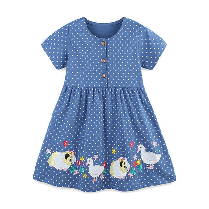 Summer Pure Cotton Dots and Animals Pattern Short Sleeves Dress for Stylish Girls-3
