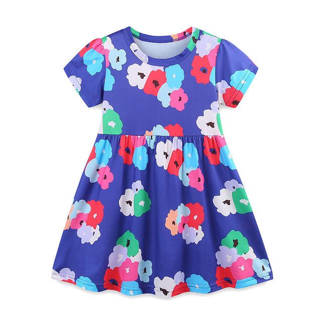 Summer Arrival Colorful Flowers Pattern Short Sleeves Crew Neck Dress for Stylish Girls-4