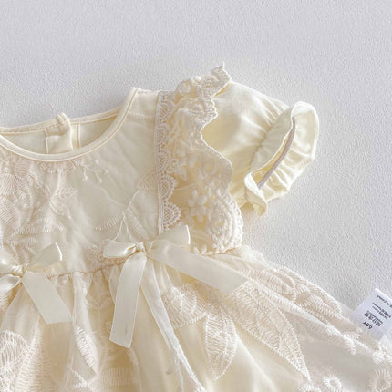 Summer Arrival Baby Girls Cute Solid Color Floral Embroidery Short Sleeves Dress Design Onesies-3