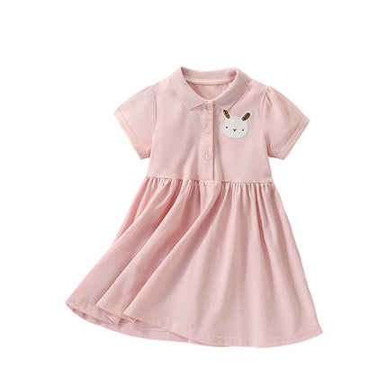 Summer Arrival Cartoon Rabbit Pattern Short Sleeves Turn-down Collar Dress for Stylish Girls-4