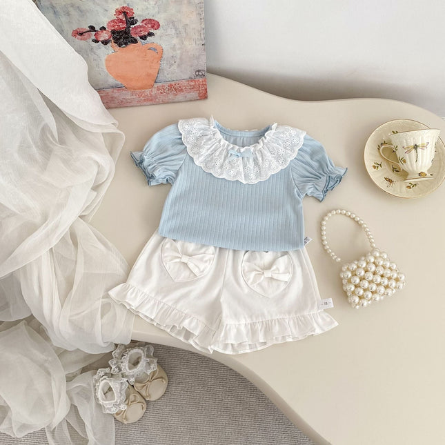 Summer Baby Kids Color Patchwork Short Sleeves Top and Heart Pattern Shorts Clothing Set for Girls-0