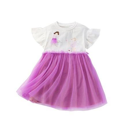 Summer Arrival Cartoon Pattern Fly Sleeves Tulle Patchwork Dress for Stylish Girls-4
