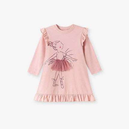 Autumn and Spring Arrival Tulle Decorated Fairy Cartoon Pattern Long Sleeves Dress for Stylish Girls-0