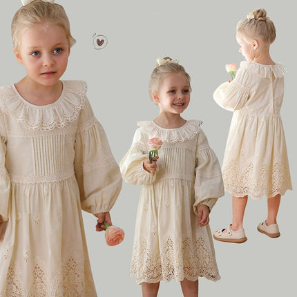 Spring and Autumn Solid Color Long-sleeved Dress with Lace Collar for Stylish Girls-4