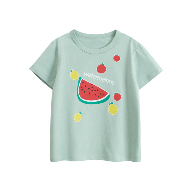 Summer Baby Kids Girls Letters and Fruits Cartoon Print Short Sleeves Crew Neck Top Shirt-0