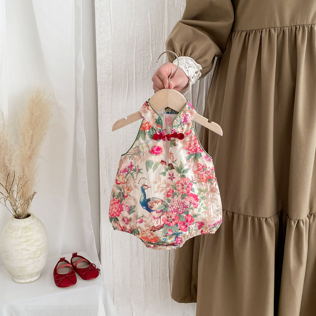 Hot Selling Summer Baby Kids Girls Flowers Pattern Sleeveless Stand Collar Onesies-2