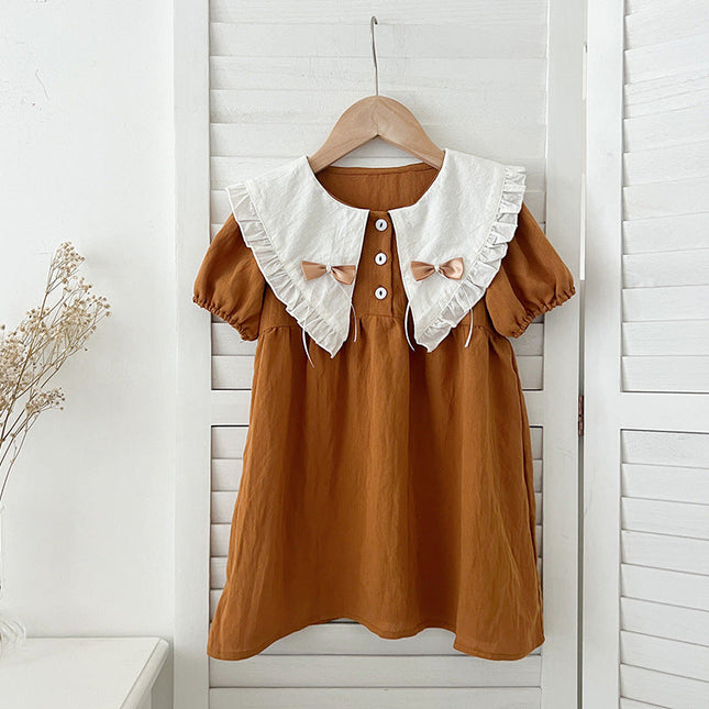 Arrival Summer Girls Vintage Countryside Double-Bow Collar Short Sleeves Dress-4