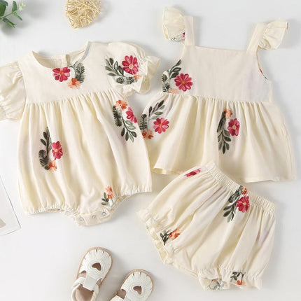 Summer Baby Kids Girls Floral Pattern Sleeveless Strap Top Dress And Bloomers Clothing Set/ Onesies-0
