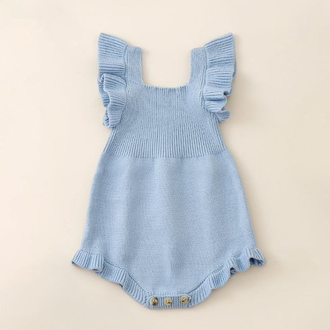Summer Arrival Baby Girls Solid Color Fly Sleeves Square Neck Knitted Onesies-2