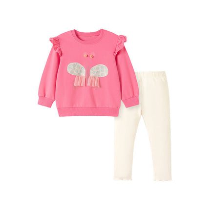 Spring and Autumn Girls Butterfly Cartoon Pattern Long Sleeves Crew Neck Top Sweatshirt and White Pants Clothing Set-0