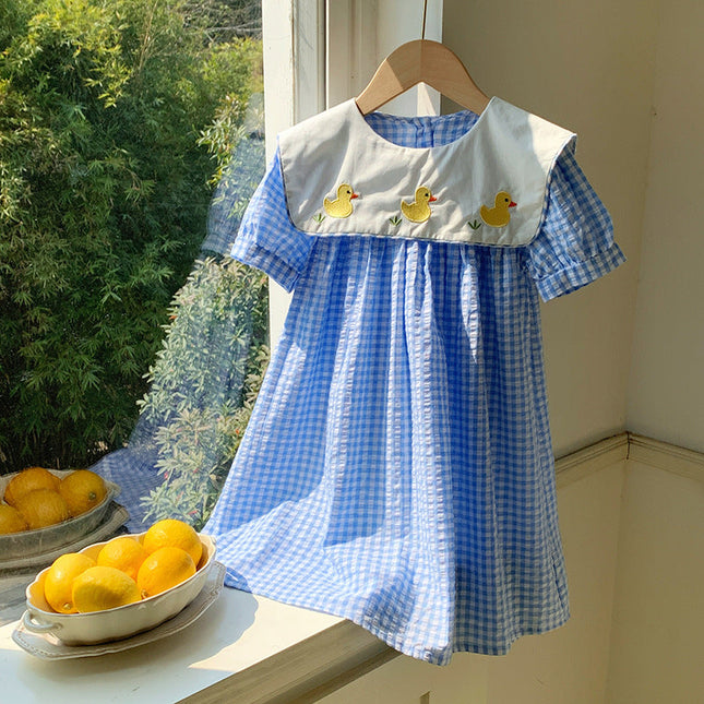 Summer Baby Kids Girls Short Sleeves Crew Neck Duck Pattern Plaid Dress-0