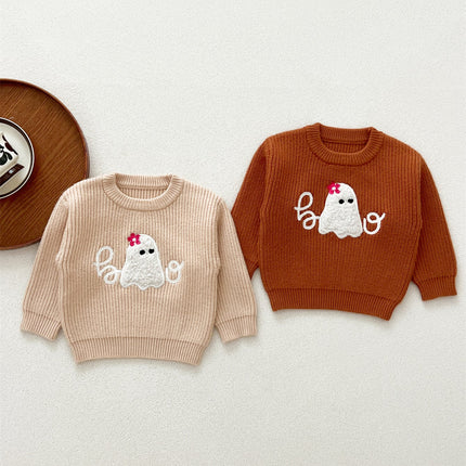 Autumn Arrival Baby Kids Unisex Comfortable Halloween Ghost Pattern Knitted Long Sleeves Pullover-0