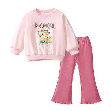 Spring And Autumn Girls Cute Cartoon Little Bambi Print Top Sweatshirt And Solid Color Pants-0