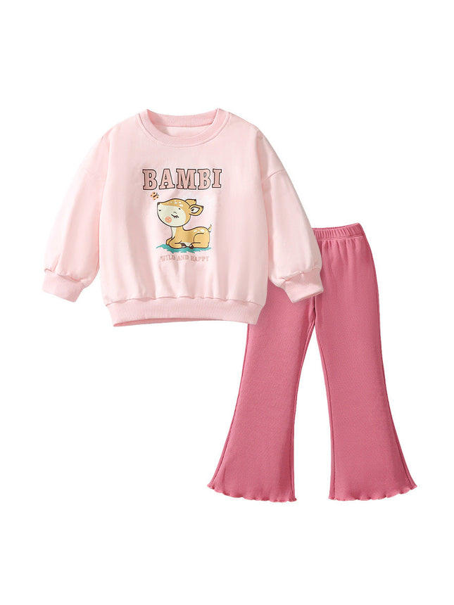 Spring And Autumn Girls Cute Cartoon Little Bambi Print Top Sweatshirt And Solid Color Pants-0