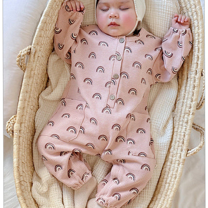 Spring Arrival Baby Unisex Long Sleeves Waffle Grid and Simple Pattern Rompers-1