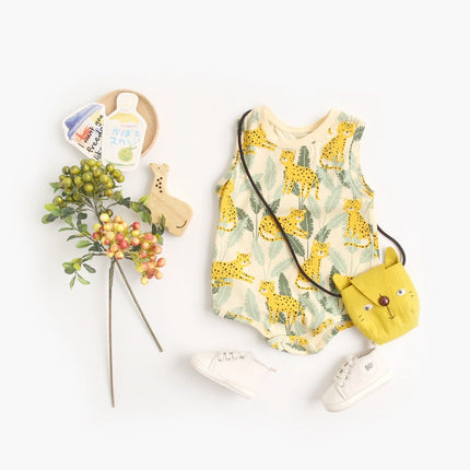 Baby Boy And Girl Animal Tiger Print Sleeveless Onesies In Summer Outfit Wearing-0