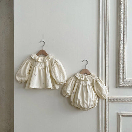 Baby Flower Embroidered Pattern Ruffle Lapel Design Quality Onesies & Shirt-0