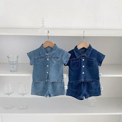 Summer Hot Selling Baby Kids Boys Short Sleeves Denim Single Breasted Top and Shorts Clothing Set-0