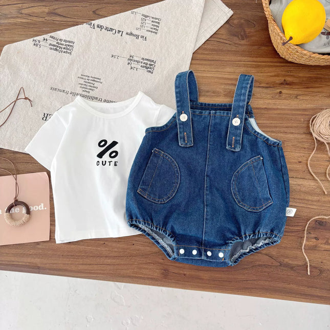 Summer Hot Selling Baby Kids Unisex Sleeveless Denim Blue Strap Onesies Overalls and White T-Shirt Clothing Set-0