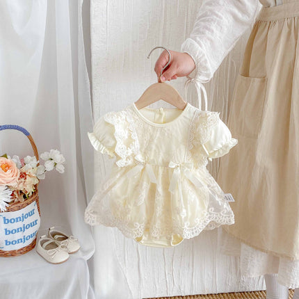 Summer Arrival Baby Girls Cute Solid Color Floral Embroidery Short Sleeves Dress Design Onesies-0